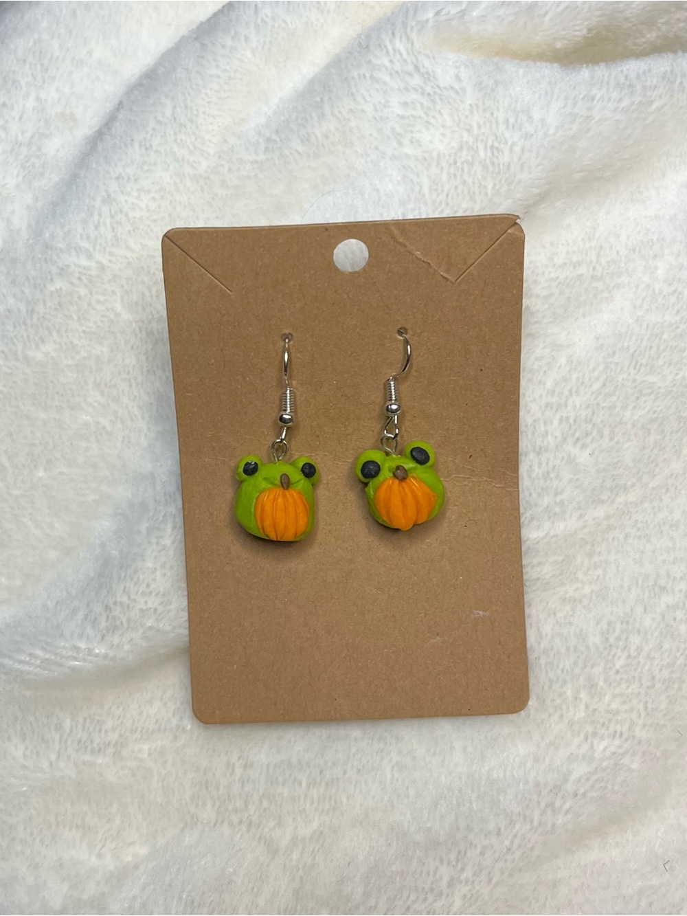Green Frog Pumpkin Handcrafted Kids / Adults Earrings Cute for Halloween - Picture 2 of 3